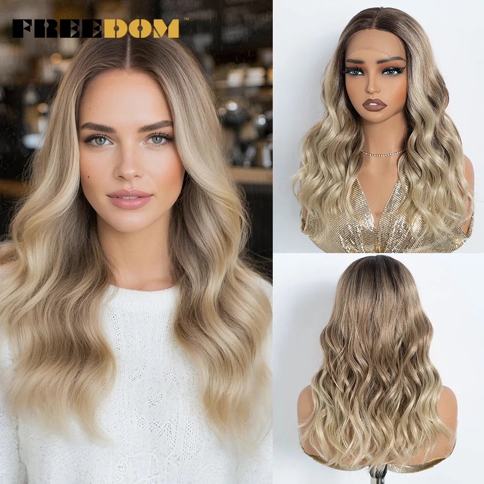 

FREEDOM Synthetic Lace Front Wigs For Women 20 Inch Mid-length Curly Wavy Wig Ombre Blonde Brown Lace Wig Highlight Cosplay Wigs