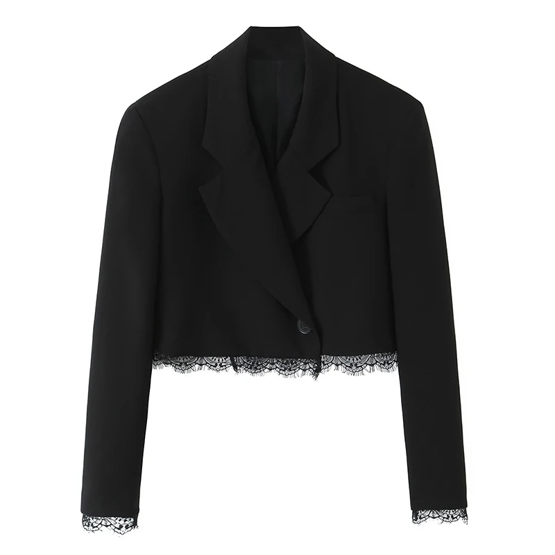 New 2026 Women Lace Patchwork Black Crop Blazer Front Double-breasted Long Sleeve Fashion Suit Jacket S5QR