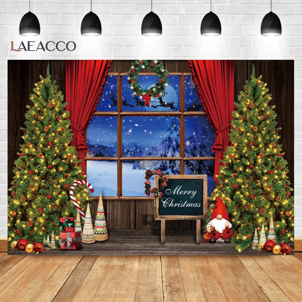 Laeacco Photography Background Winter Christmas Window Xmas Trees Gift Fireplace Red Curtain Family Portrait Decor Backdrop