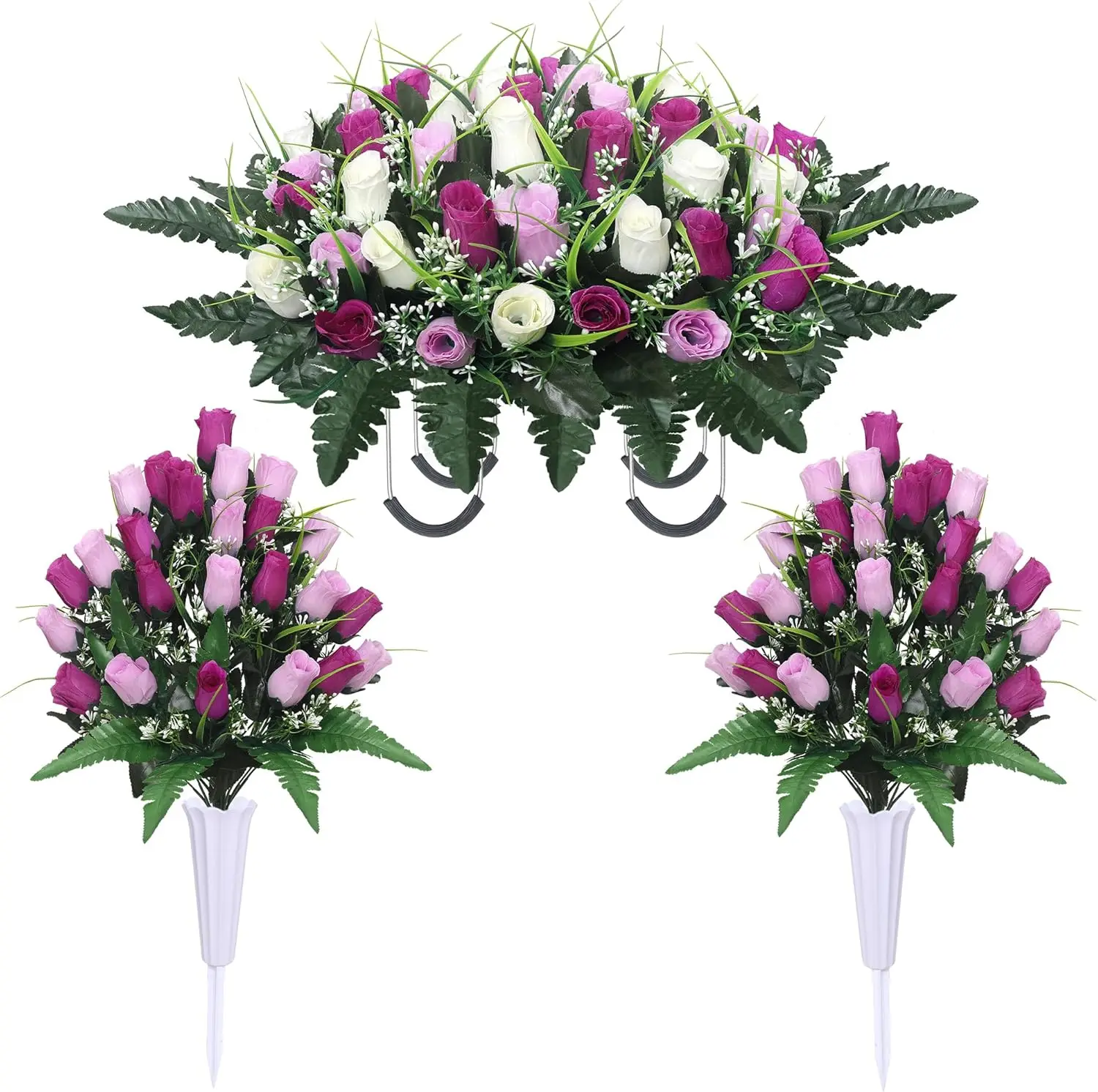

Artificial Cemetery Flower Saddle with Vase and 2 Memorial Bouquets for Grave, Outdoor Headstone Decorations (Purple White)