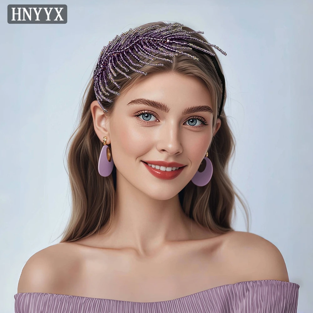 

YouLaPan French Wind Bride Wedding Dress Purple Beaded Hair Band Ladies Banquet Ball Hand-Woven Feather Headdress YXA19