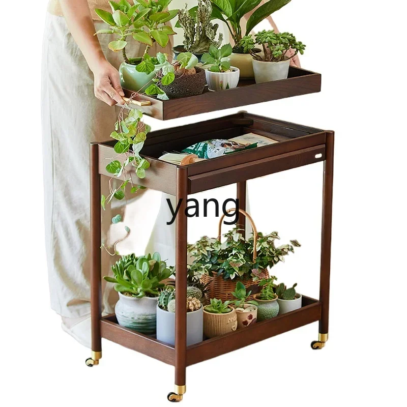 ZL trolley mobile solid wood flower rack balcony succulent flower pot rack multi-layer