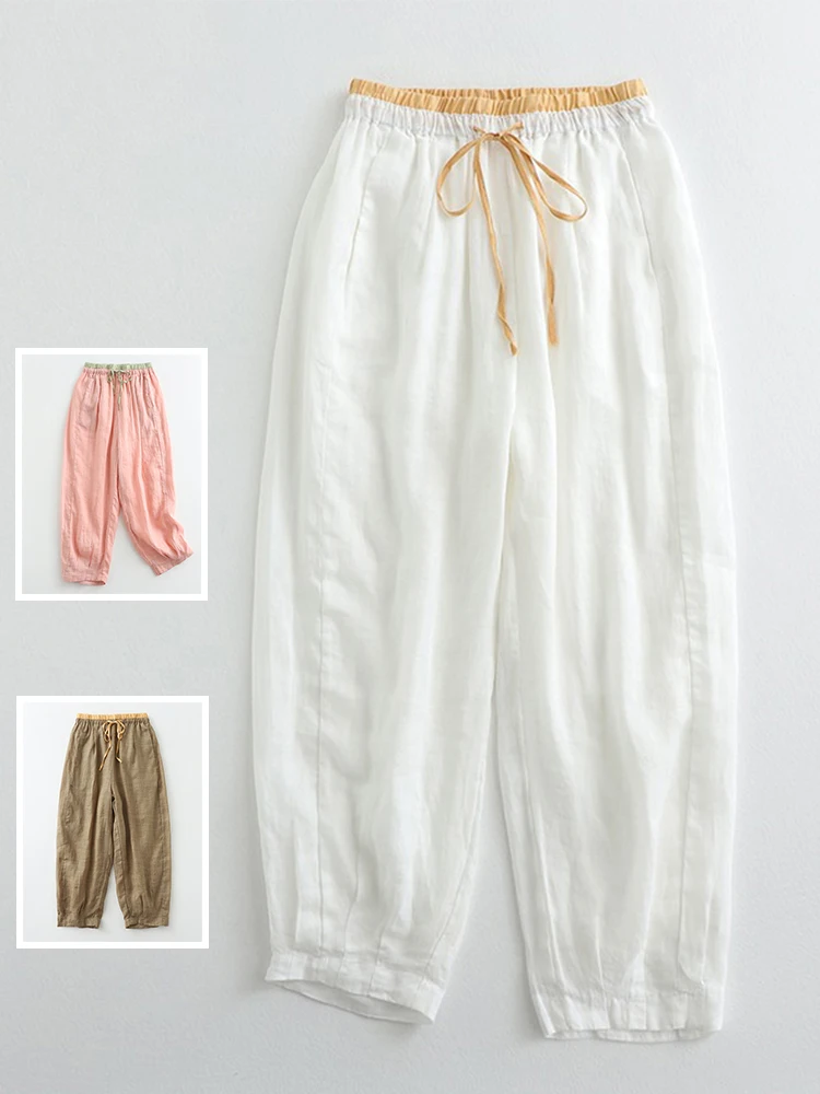 Summer Thin Cotton Linen Harem Pants Women's plus Size Loose Fit Belted Nine Points Carrot ape Trousers Artistic Commute Sle
