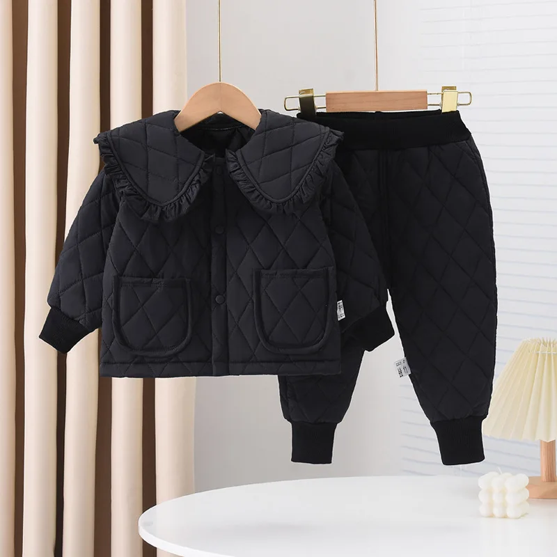 New Girls Warm Clothing Sets Winter Baby Clip Cotton Two-Piece Autumn Children Lapel Solid Color Fashion Suit 12M-6 Years