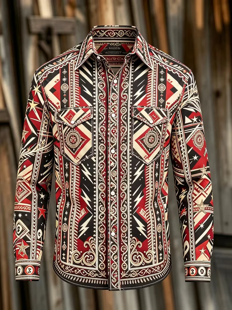 New Red Black Beige Western Totem Curly Grass workwear Long sleeved shirt Retro American men's denim shirt