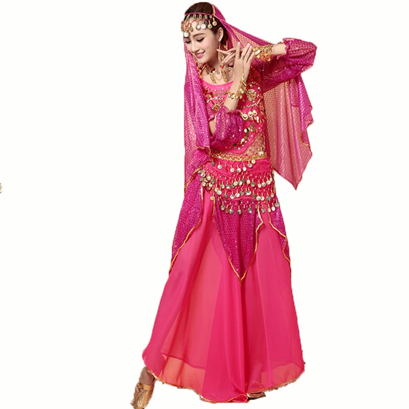 Bollywood Dress Adult Costume Women Oriental Indian Arabic Dance Belly Clothing Performance Practice Female Chiffon Skirt Set