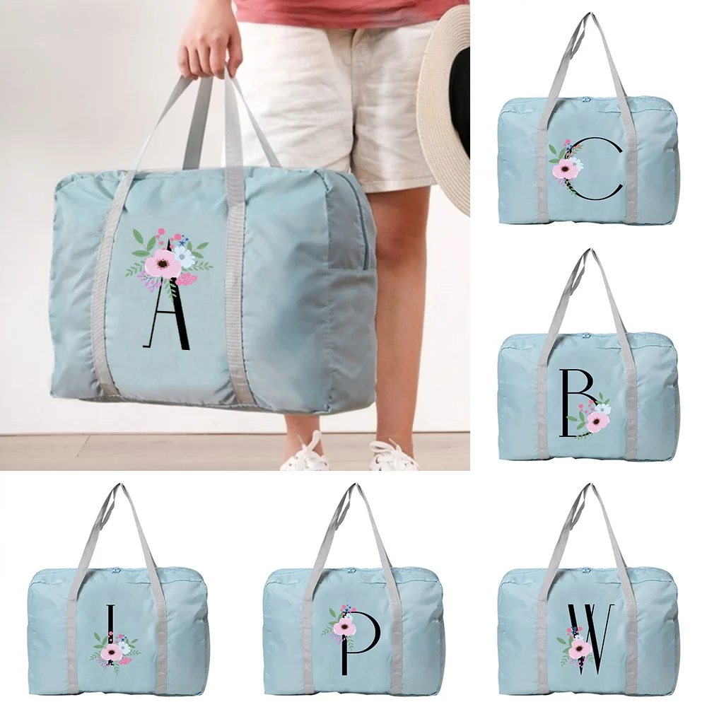 

Foldable Travel Bags Large Capacity Storage Folding Bag Tote Luggage Handbag Flower and Black Letter Print Duffel Shoulder Bags