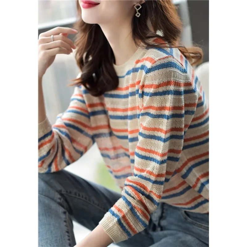 Fashion thin hollow color striped cashmere sweater women\'s spring and autumn loose thin wool base shirt