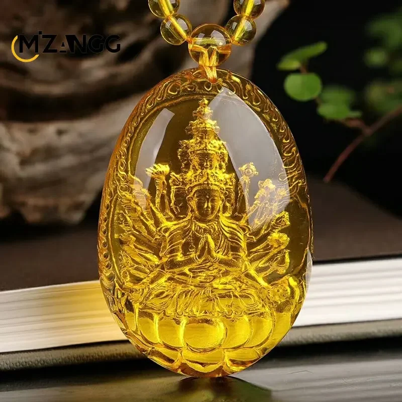 Golden Amber Eight Guardian Gods Thousands of Hands Avalokitesvara Bodhisattva Zodiac Rat Native Life Buddha Pendant Necklace