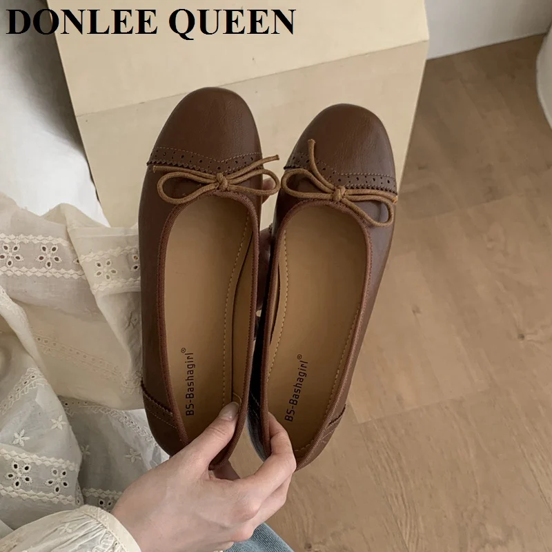Classic Female Flats Ballerina Shoes Women Fashion Brand Round Toe Ballet Bow Knot Shallow Moccasin Slip On Loafer Big size Muje