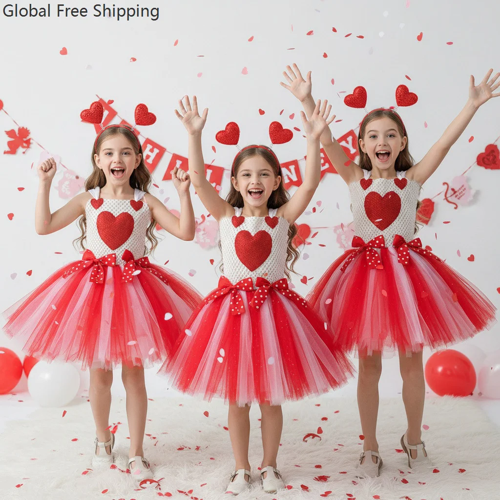 

Girl's Valentine's Day Party Cupid Costume Tutu Set With Sparkling Hearts Children's Cosplay New Year's Christmas Party Dress