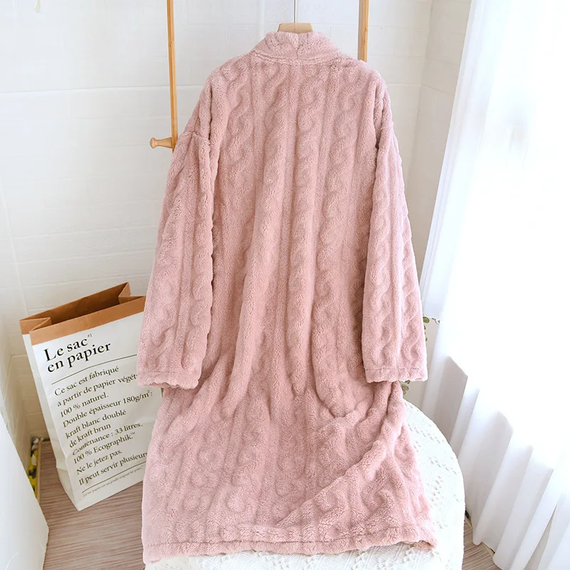 Winter New Flannel Kimono Robe Women Night Gowns Bathrobe Long Sleeve Thicke Sleeping Sleepwear Warm Coral Velvet Pajamas Set