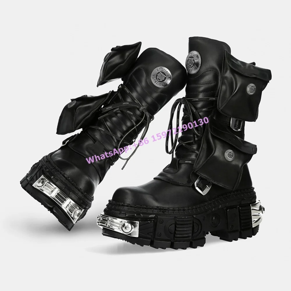 

Thick Soled Solid Pocket Boots Black Leather Dark Metal Punk Mid Calf Round Toe Lace Up Boots Couples Fashion Knight Shoes