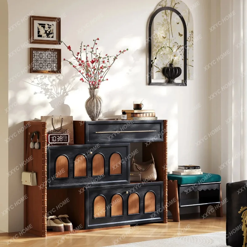 XXMedieval solid wood telescopic shoe cabinet Large capacity multi-layer storage cabinet at the door of the home