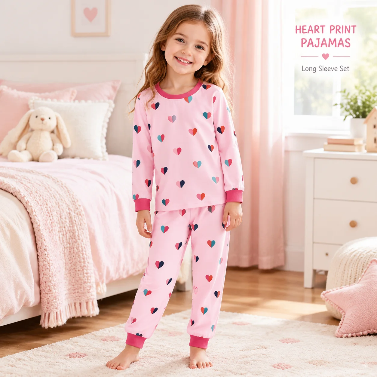 Little Hand Girls Long Sleeve Pajama Pink Colorful Heart Print Top And Pants Cotton Sleepwear Loungewear for Toddler 2-7 Years