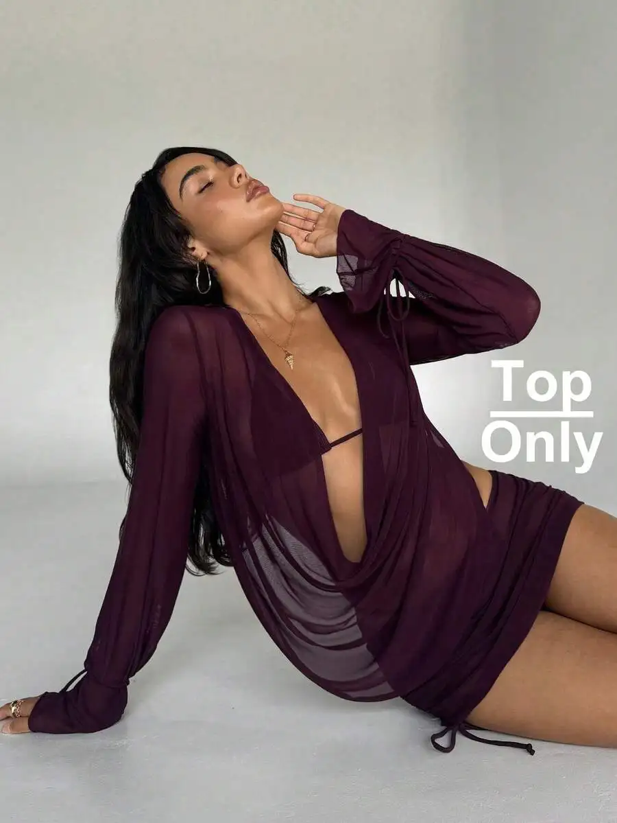 

Женское прозрачное платье-накидка с длинными рукавами и V-образным вырезом, свободного кроя, для пляжа и отдыха