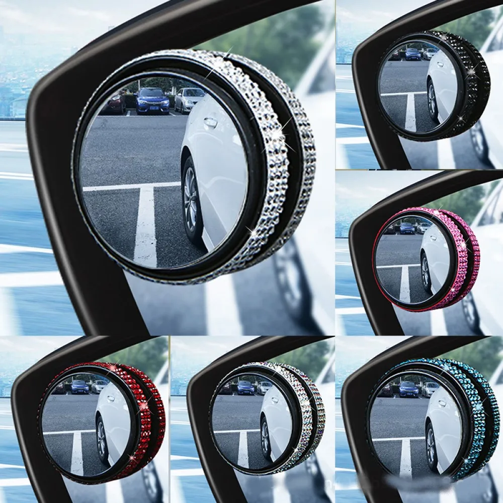 

2pcs Car Rearview Mirrors 360° Blind Spot Adjustable Round Frame Mirror with Diamond decorations.