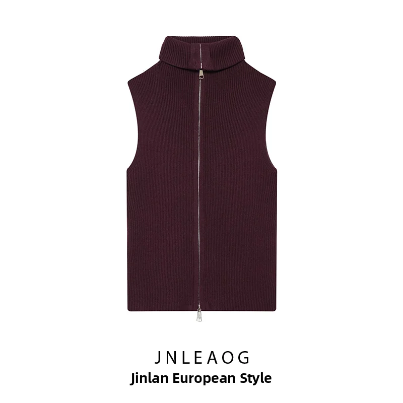 JNLEAOG Women's Knitted Vest Top Fashionable Ribbed Zipper Design Summer New Arrival Polyester Fiber Regular Length Outerwear