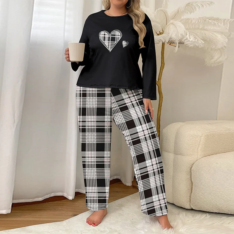 

Plus Size Women 2 Piece Pajama Set Autumn Winter Sleepwear Long Sleeve Tee Shirt and Plaid Trousers Set Home Clothes Loungewear
