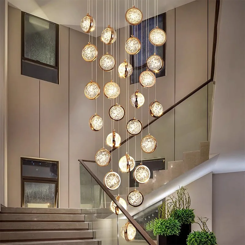 Modern Luxury Crystal Bubble Chandelier, LED Ball Pendant Light for Double Height Living Room, Spiral Staircase Lighting for Vil