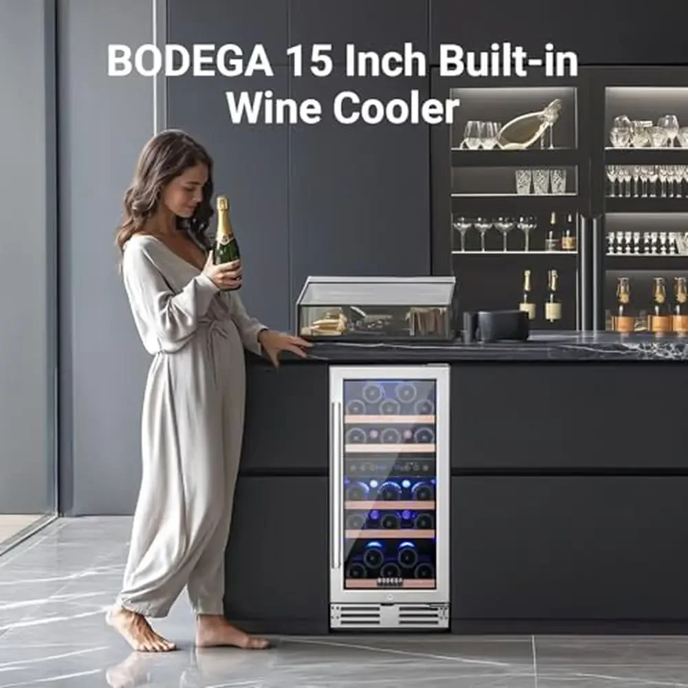 Dual Zone Wine Cooler Fridge Touch Control Panel Store 30 Bottles LED Blue Light Quiet Operation Memory Chip