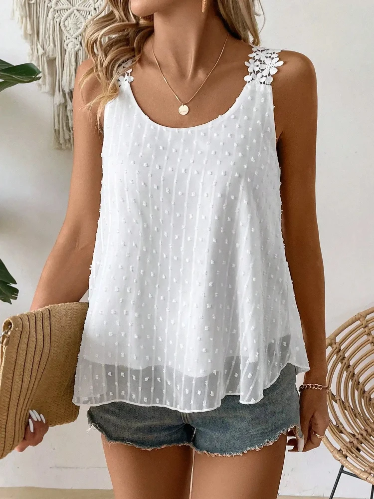 New Summer Holiday Women's Casual Solid Color Convex Point Simple Daily Lace Chiffon Strap Top Sleeveless Tank Top 2026