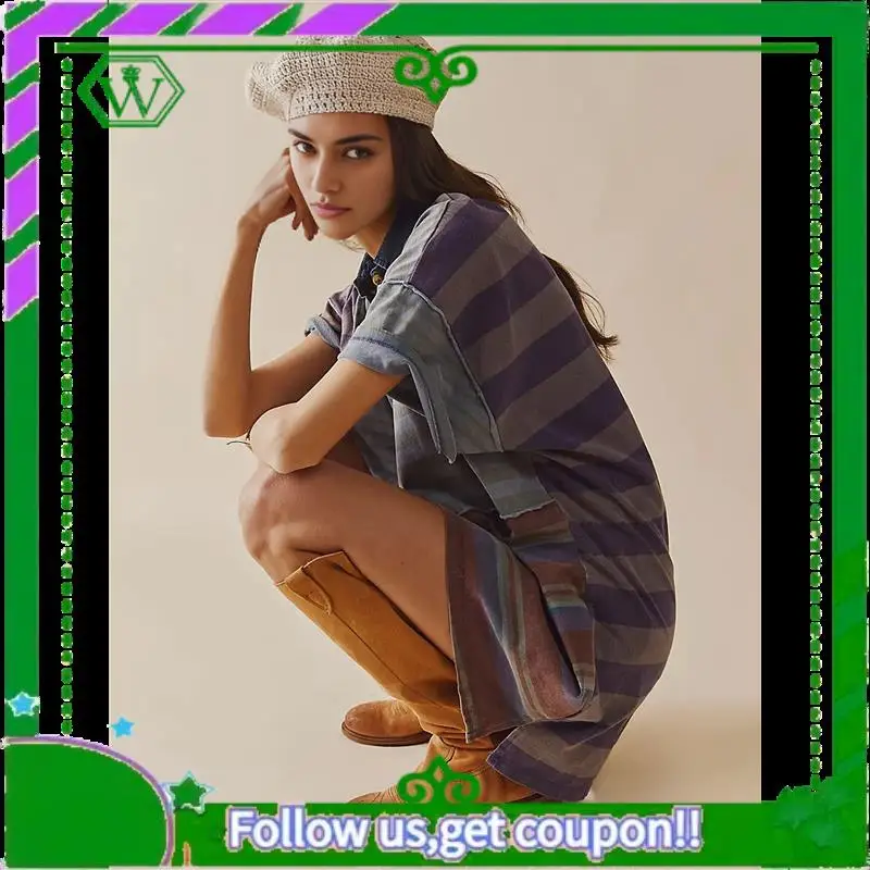 A18P-Women Contrast Striped Babydoll Y2k Summer Patchwork Mini T- Shirt Vintage V Neck Short Sleeve Dress