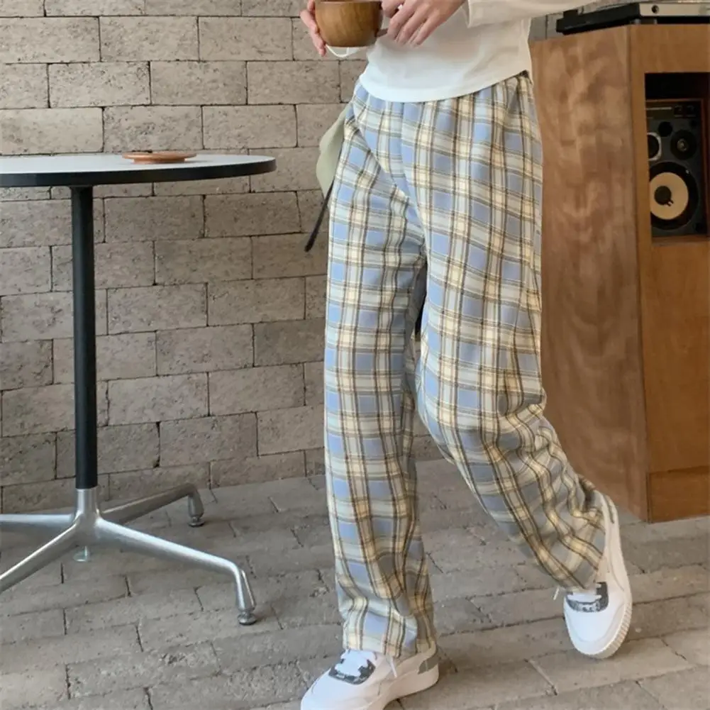 Comfortable Fleece Pants Women’s Winter Pants High Waist Elastic Trousers Plaid Print Loose Fit Bottoms Thickened Fleece Lined