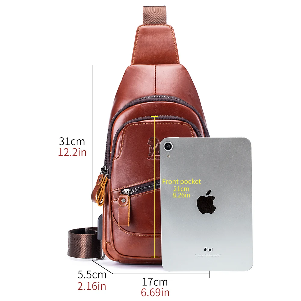 Bolso de pecho de piel de vaca para hombre, bandolera informal con USB, bolso de hombro frontal