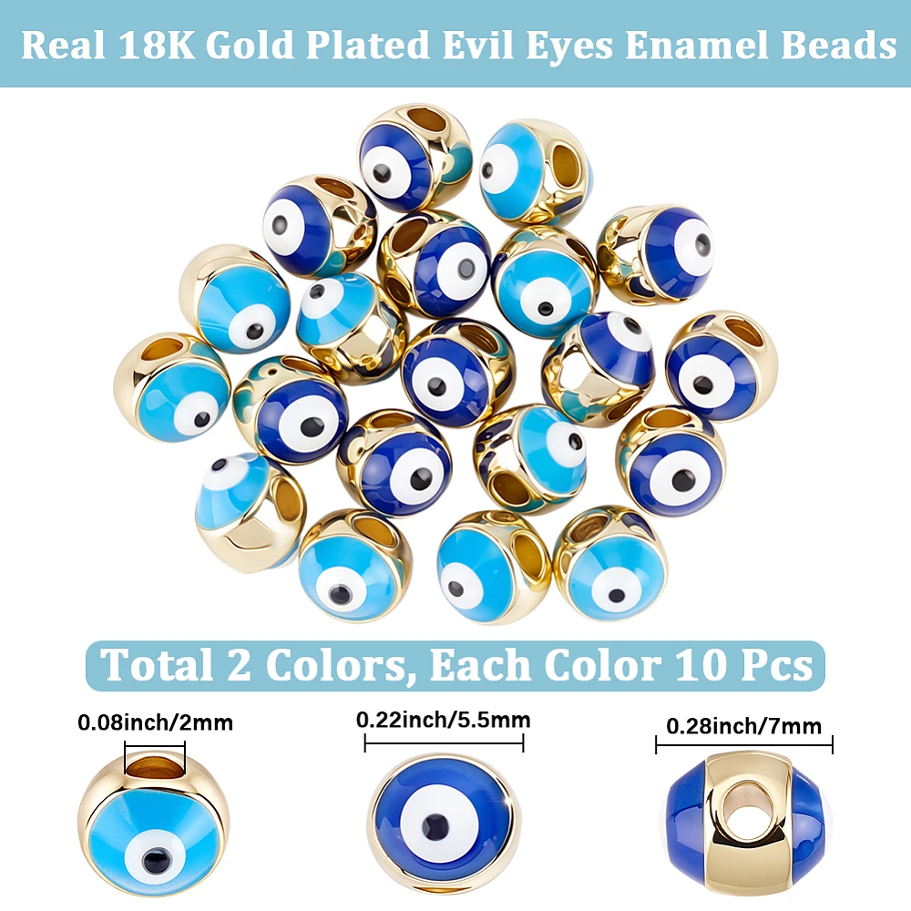 20Pcs Enamel Beads Real 18K Gold Plated Brass Metal Blue Round Good Luck Turkish Devil Eyes Loose Spacer Bead with 2mm Hole