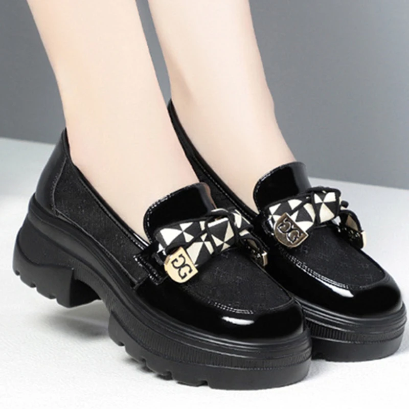 2024 Spring Female Shoes Women Fashion Mary Jane Round Toe Flats Loafers Oxfords Platform Casual Metal Chain Buckle Heels Black