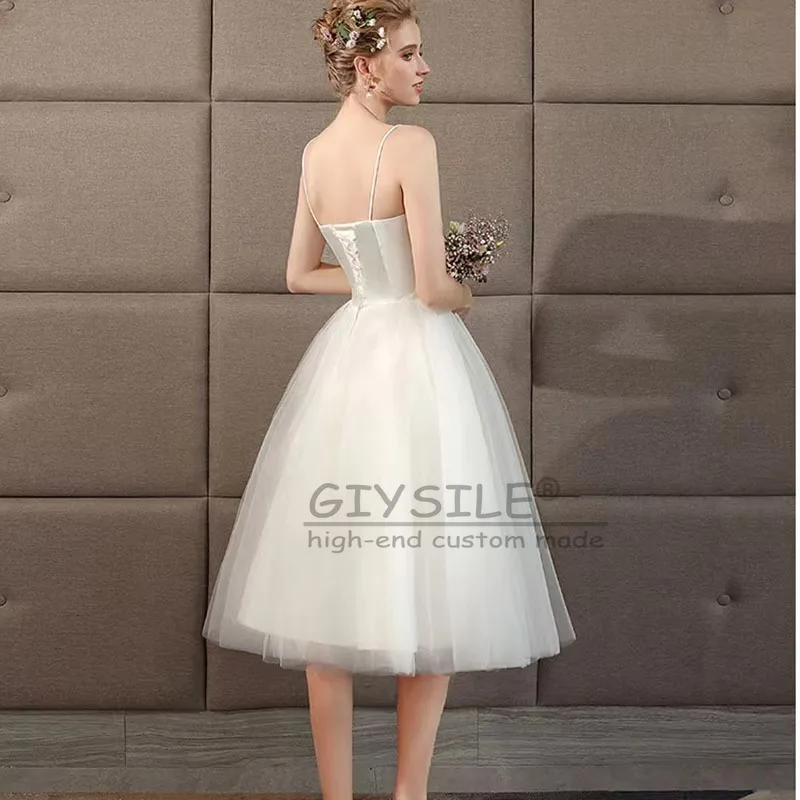 Chic Spaghetti Straps A-Line Wedding Bridal Dresses Fashion Formal Dress Sweetheart Short Formal Party Evening Gowns Customized