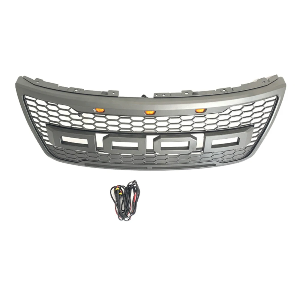 For Ford Explorer 2012~2015 With LED Lights+Letters Off Road Car Parts ABS Grey Black Front Upper Bumper Grille Grill