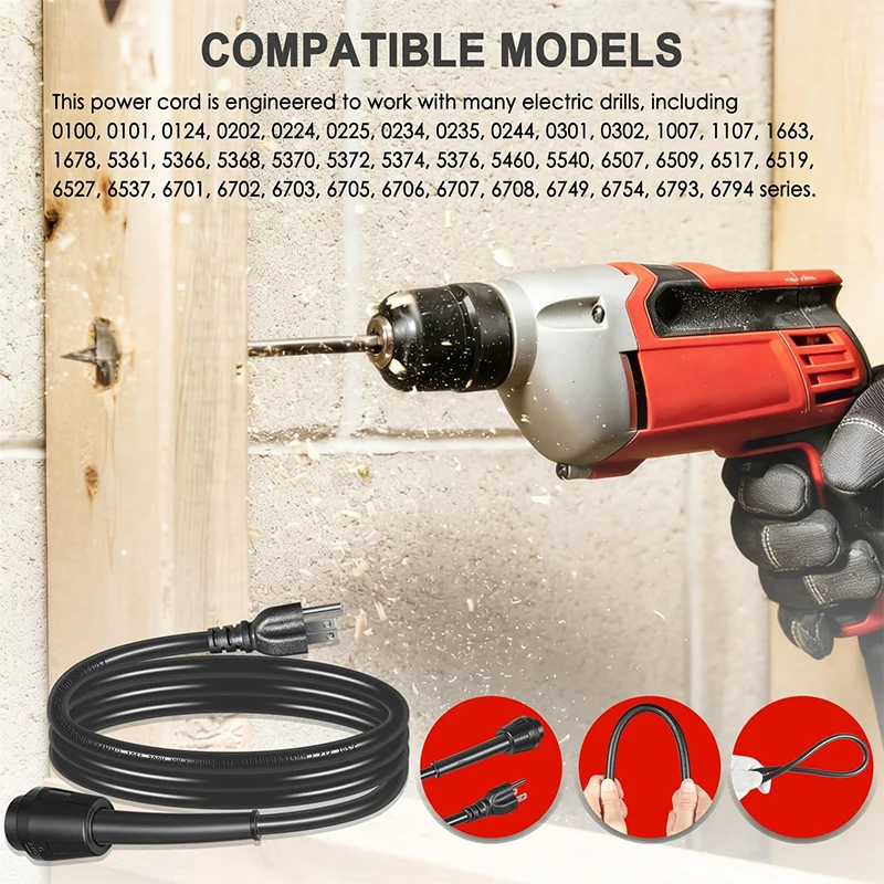 48-76-4008 Quick-Lock 3-Wire Grounded Power Cord 8 Feet, 18AWG, 125V, 10 Amps, Type S, 5-15P NEMA Plug for Power Tool Drills