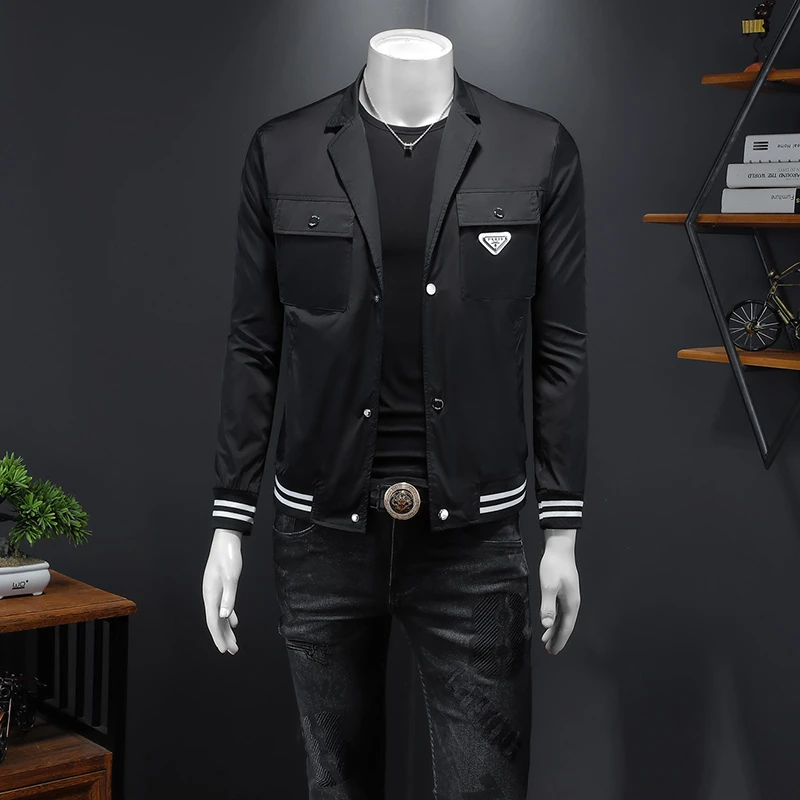 Jaqueta preta elegante para homens, estilo único e casacos de tecido impecáveis, bolsos múltiplos, alta qualidade