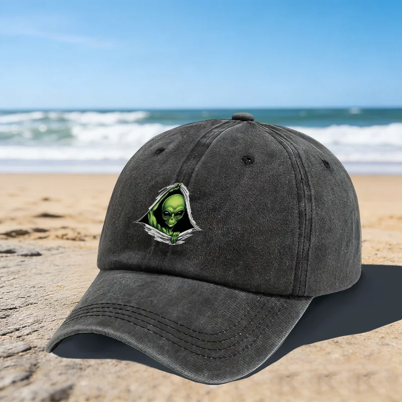 Alien Tear Print Baseball Cap Adjustable Washed Cotton Hat for Sci-Fi Fans Outdoor Beach Daily Wear