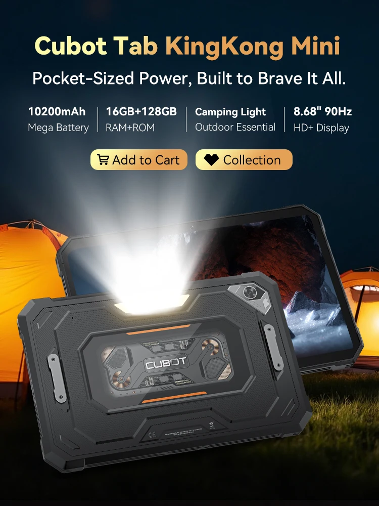 Android-tablet Cubot TAB KingKong Mini, 10200mAh megabatterij 16GB (6+10), 128GB, campinglicht, 8,68-inch scherm, 48MP camera, GPS
