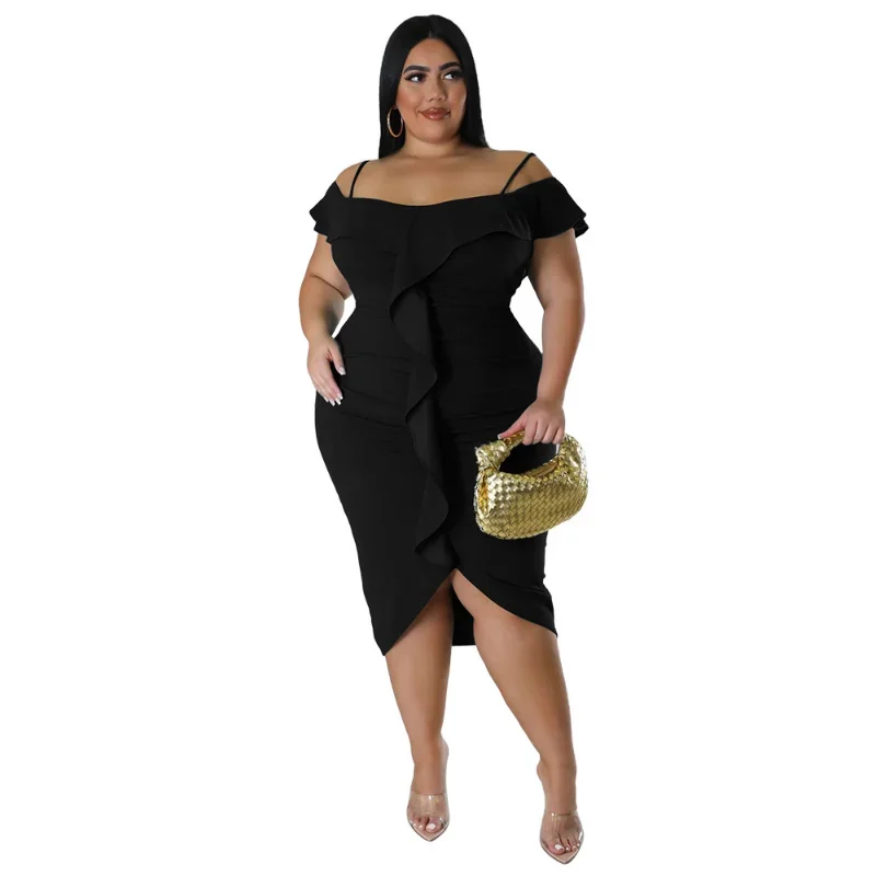 WSFEC L-4XL vestidos para mujer 2024 nueva primavera verano ropa de talla grande Halter volantes ceñido al cuerpo vestido negro de talla grande para mujer