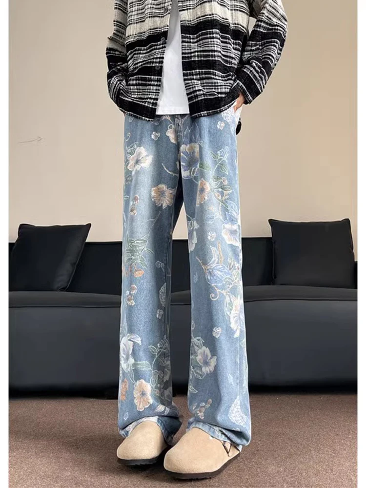 

Мужские джинсы свободного кроя с цветочным принтом, прямые брюки, весенне-осенние, повседневные, в стиле High Street, износостойкие, молодежные, модные