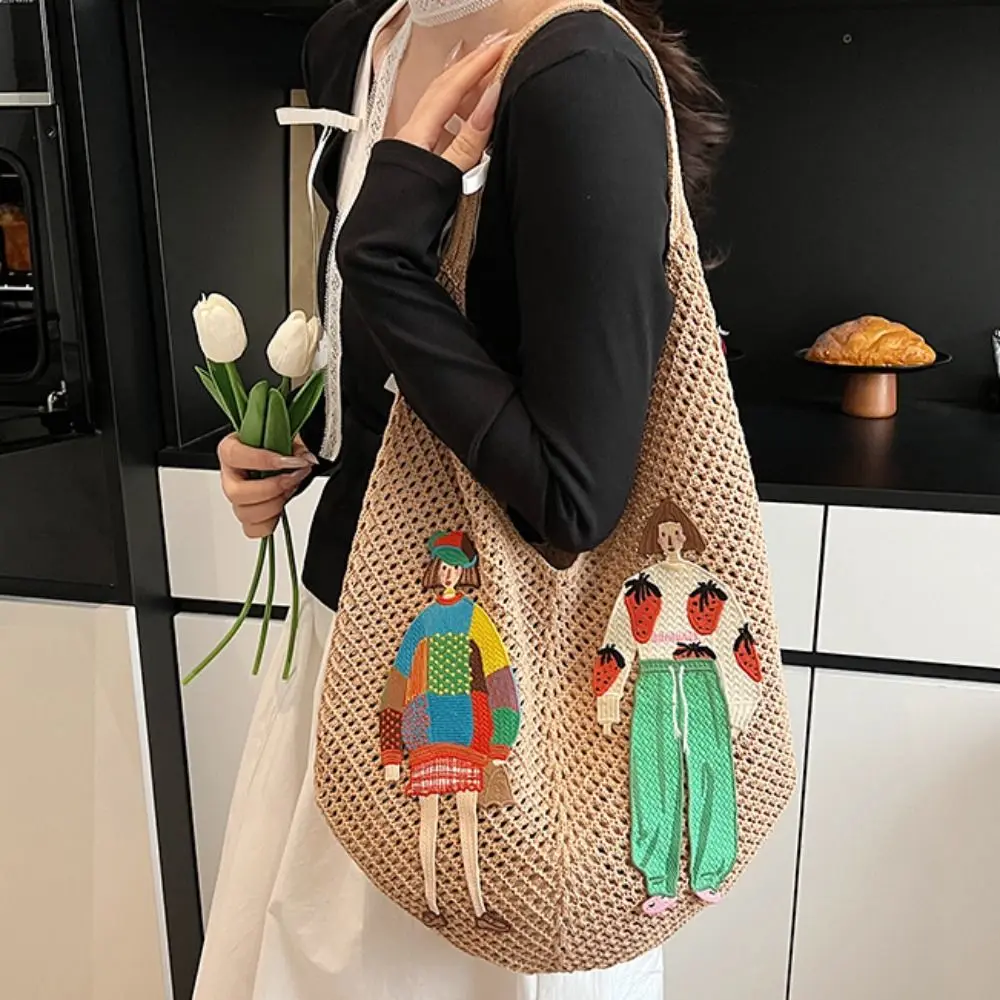 

Casual Sweet Knitted Tote Bag Hollow Out Embroidery Weave Shoulder Bag Cartoon Bohemian Style Crochet Beach Bag Shopping