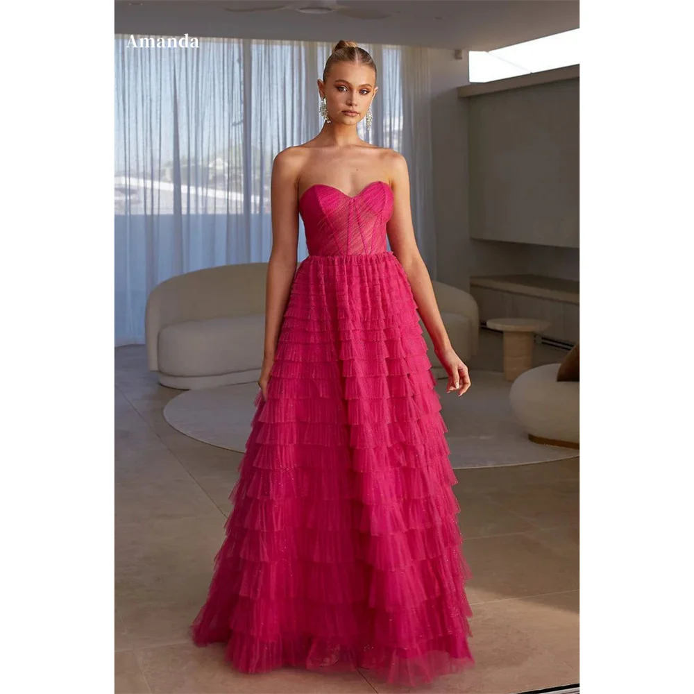 Amanda Strapless A-line Tulle vestidos de fiesta Heart Shaped Neck Multilay فساتين سهرة Elegant Sleeveless Party Dresses 2024