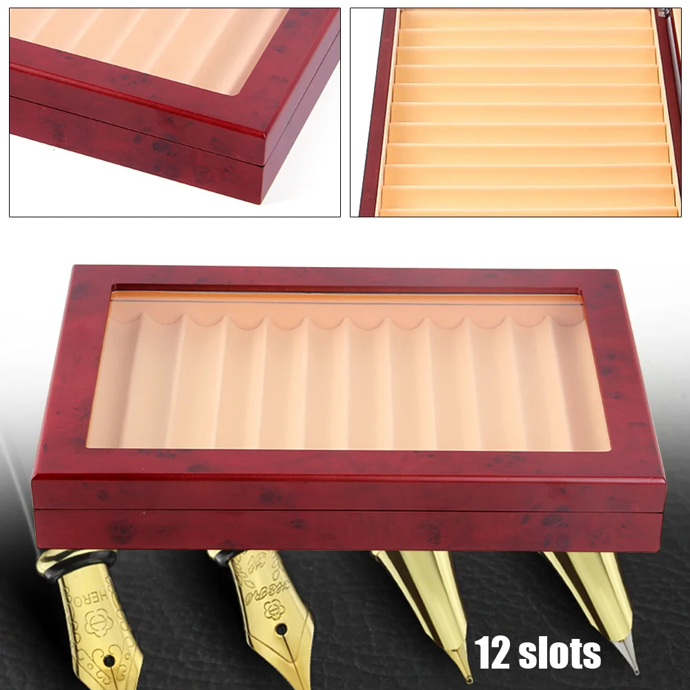 12 Pen Wood Display Case Holder Storage Collector Box Red color