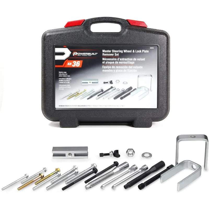 Master Steering Wheel and Lock Plate Puller Kit, Foreign and Domestic Vehicles, 16 Piece Car Repair Tool Set - 648748