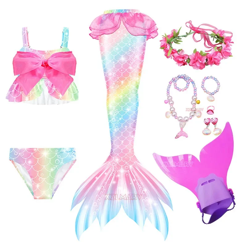 หางนางเงือกน้อยคอสเพลย์สำหรับเด็กชุดเสื้อชายทะเลหางนางเงือกสาวพร้อมชุดบิกินี่