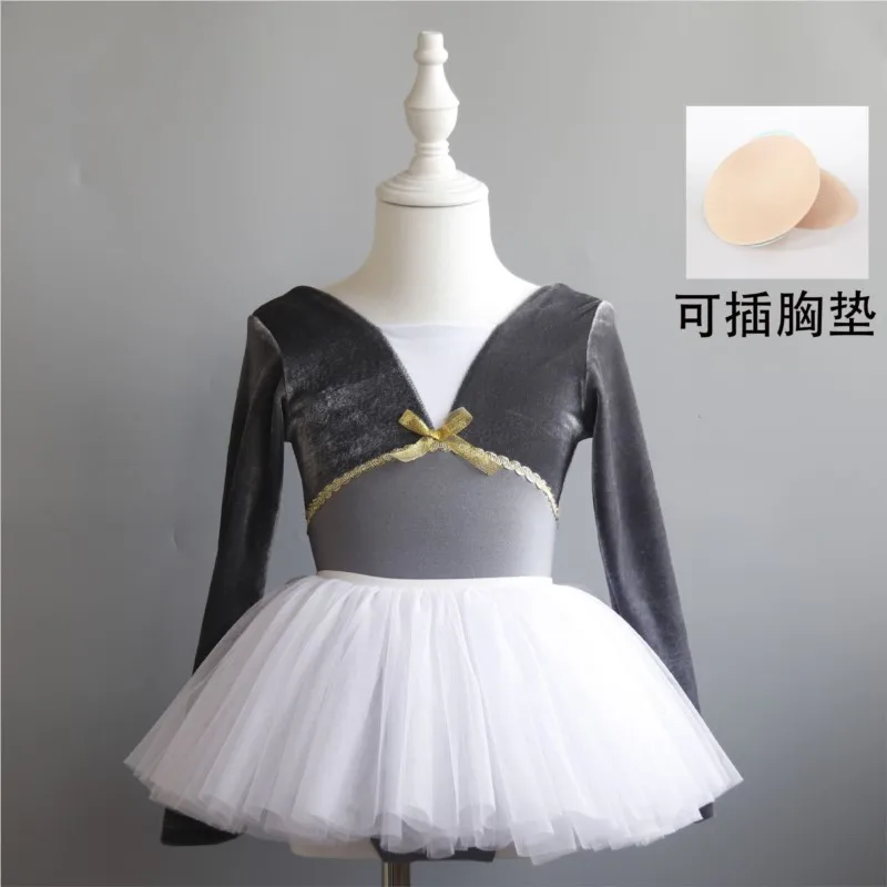 Trajes de dança de veludo para meninas, uniforme de treinamento, collant de ginástica, bodysuit infantil, vestido performance, outono