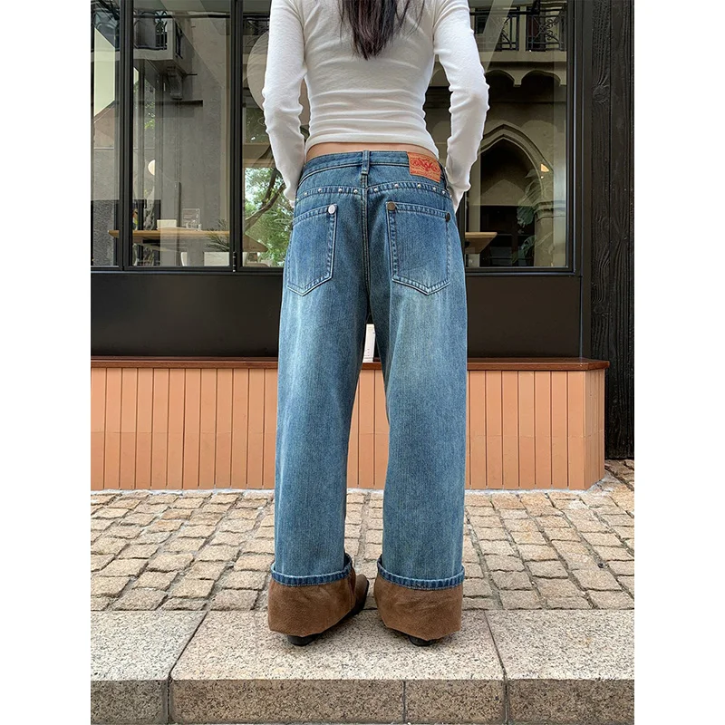 Benuynffy 2025 Autumn Winter American Vintage Riveted Velvet Jeans Women's Casual Streetwear Loose Thicken Wide Leg Pants