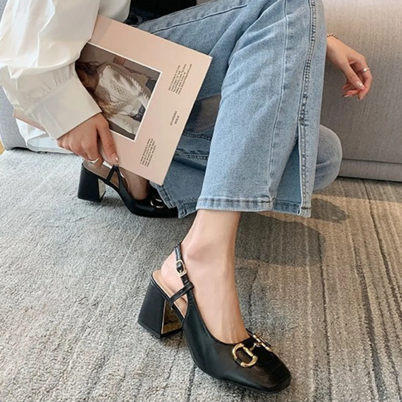 Women\'s High Heels Shoes 2024 Summer Pumps Back Empty Female 8cm Thick Heel Square Toe Mary Jane Shoes Black Pink Talon Femme