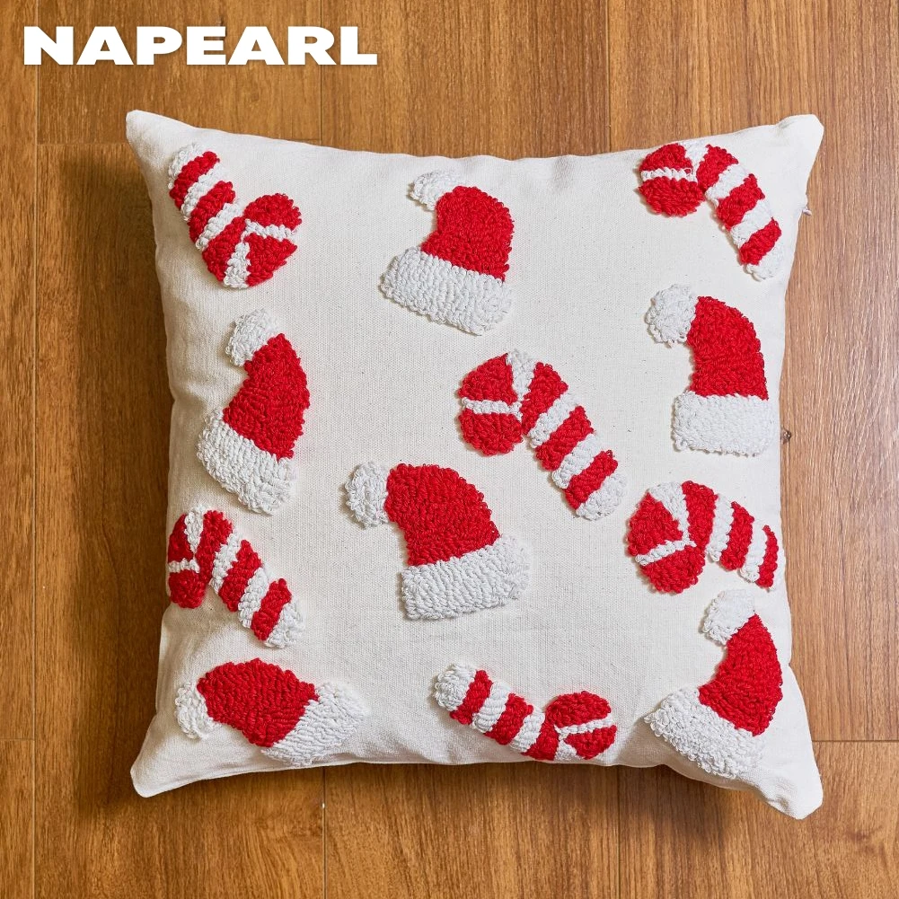 NAPEARL Festival Tufted Christmas Pillowcases 18x18 Embroidered Bedroom Decor Gift 1PC