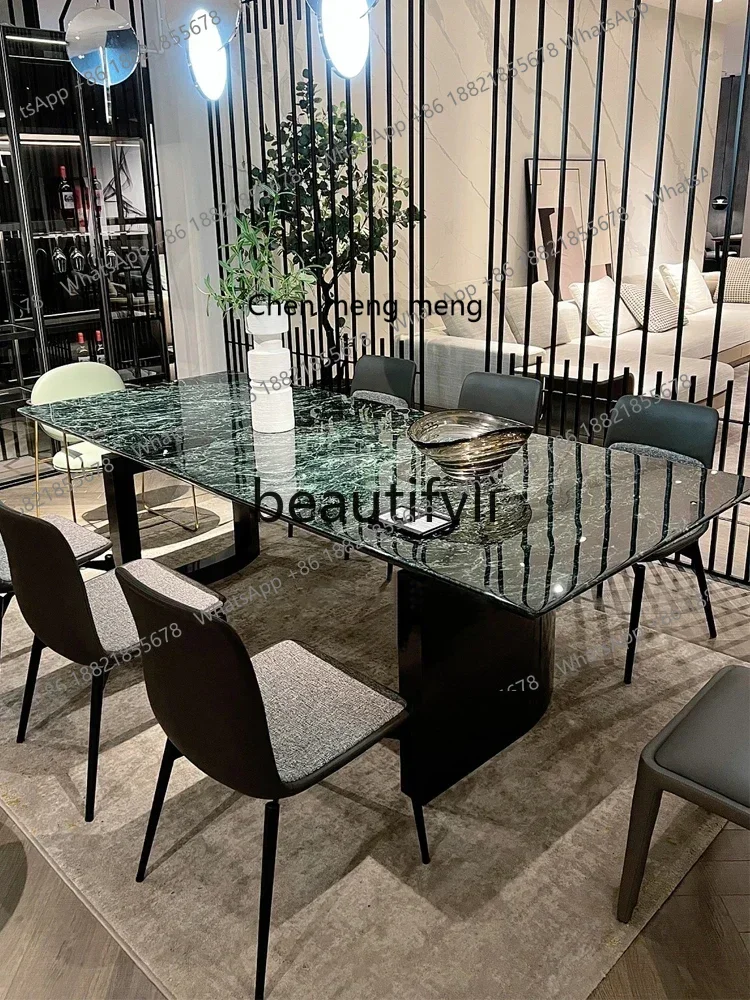 

178A Light luxury minimalist large flower green natural luxury stone rectangular dining table high-end villa custom simple home