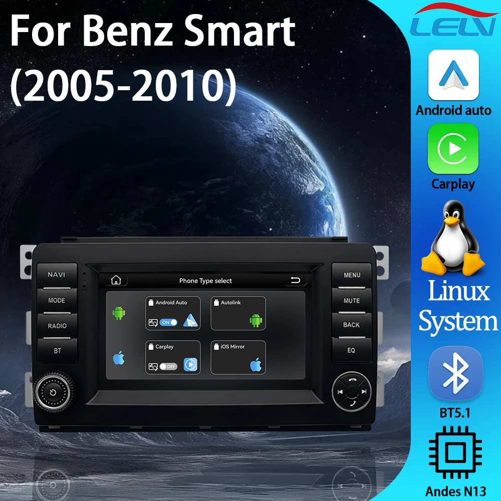 

LELV 7'' Linux Carplay Android Auto Стерео-мультимедийный плеер с GPS-навигацией, BT5, HD и функцией камеры заднего вида ﻿ для Mercedes Benz Smart 2005-2010